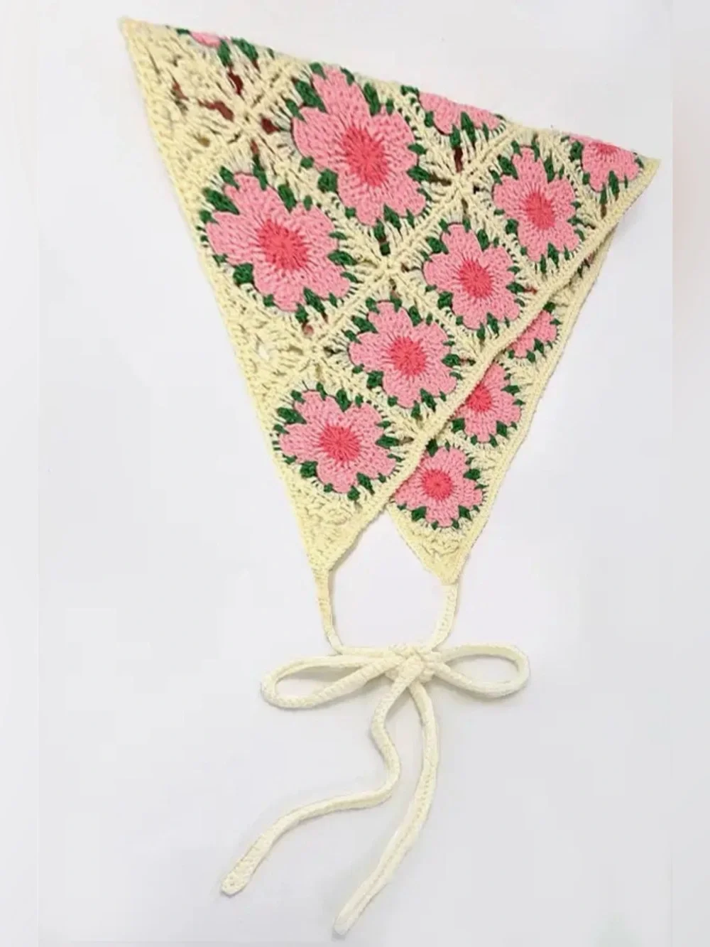 Boho Hand Crocheted Head Scarf with Pink Floral Motif